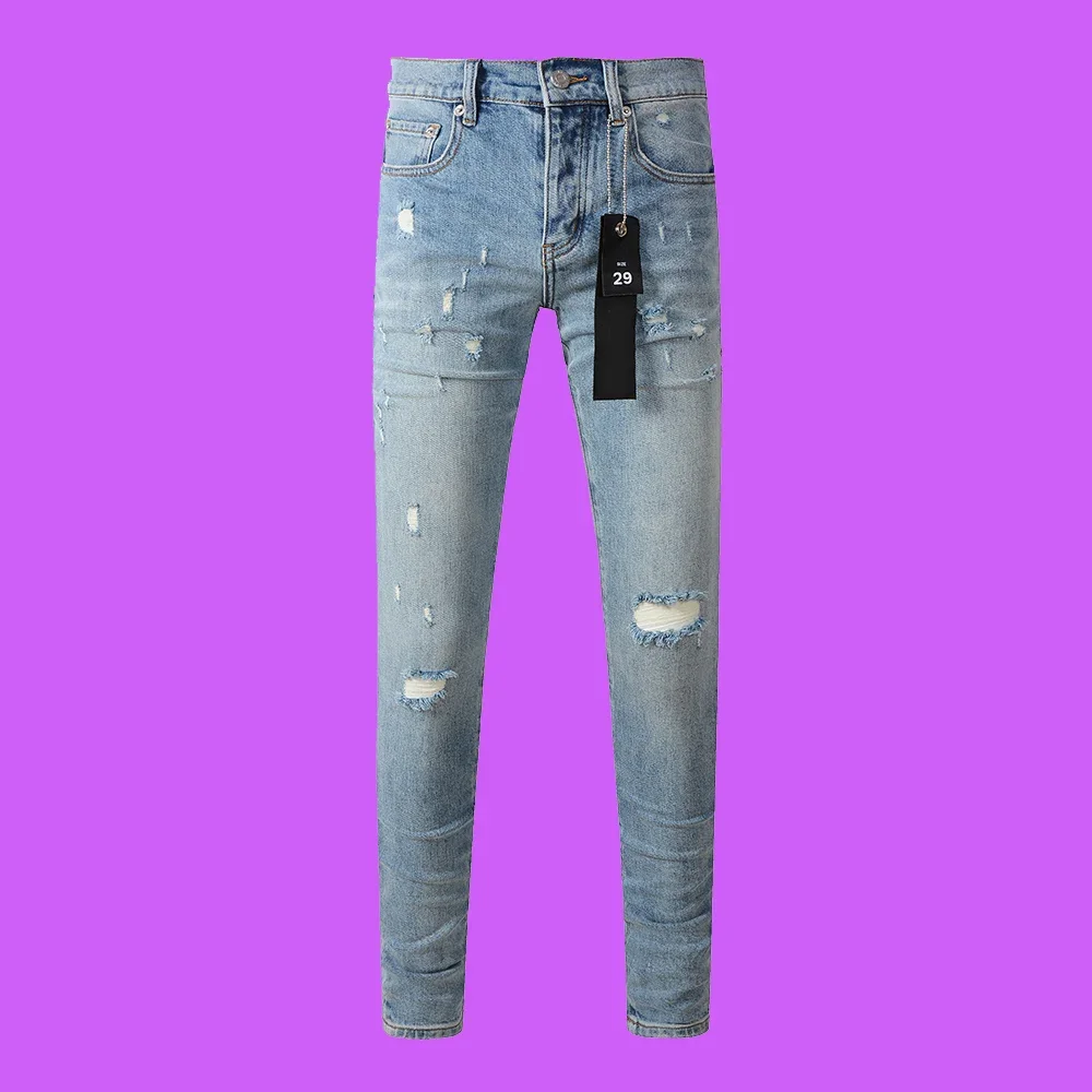 New Purple ROCA Jeans brand Resin Knee Slit Low Rise Skinny Men Jeans American High Street New Fashion Trend Jeans Man pants