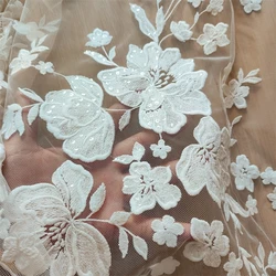 Cheap Elegant Lace Fabric with Sequins Milk White Embroidery Tulle Mesh Lace Sewing diy Lace Shiny Sequined 1 Yard