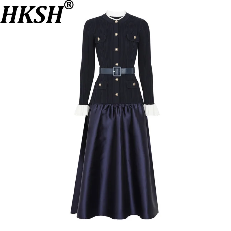 HKSH Women Dress O-neck Long Sleeve Knitted Patchwork Satin Belted Waist Cinching Slimming Elegant Dresses Spring Autumn HK21396
