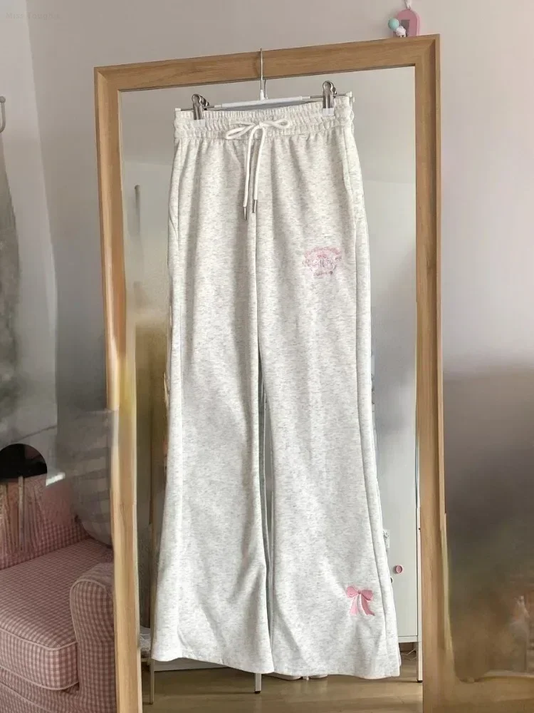 Pantalón gris dulce y elegante de pierna ancha para mujer, pantalón estético japonés Y2k con cordón, pantalones elegantes bordados Harajuku para mujer