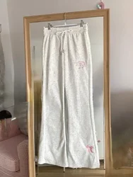 Gray Sweet Elegant Thin Wide Leg Pant Woman Japanese Y2k Aesthetic Drawstring Trousers Harajuku Female Embroidery Chic Bottoms