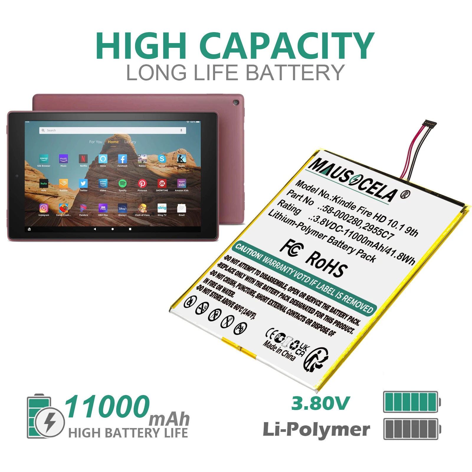

11000mAh Tablet Battery For Amazon:2955C7,58-000280,Kindle Fire HD 10.1 9th,M2V3R5,+Toolkit--Li-Polymer--3.80V--11000mAh/41.8Wh