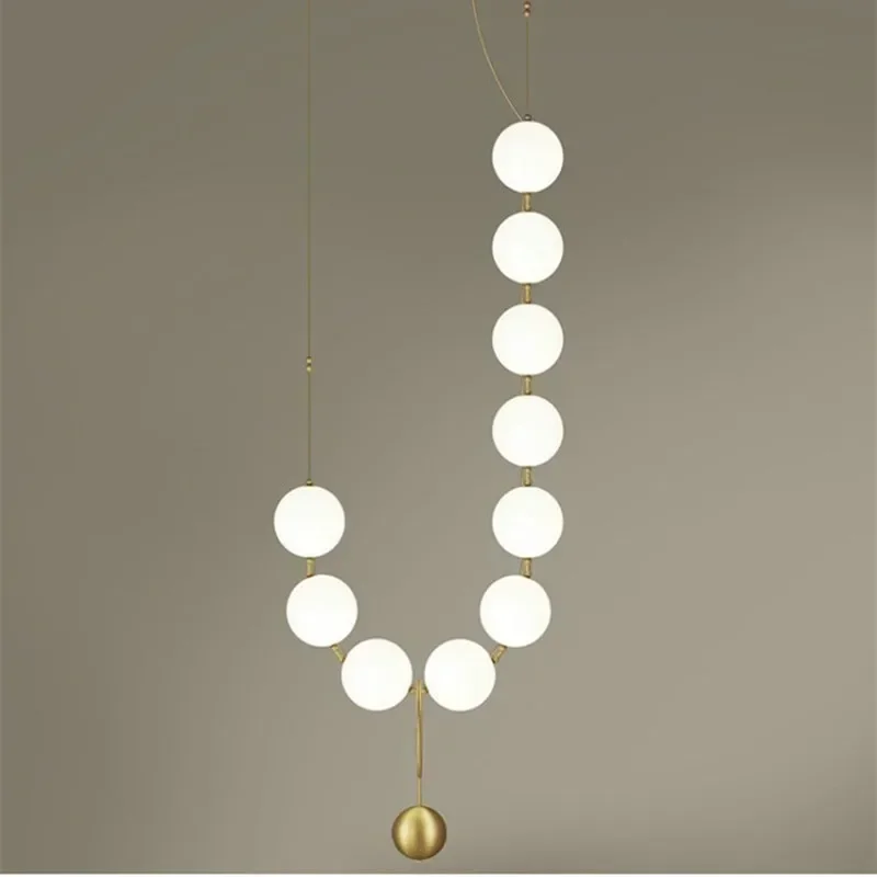 Nordic Designer Sense Full Copper White Ball Long Front Desk Pendant Light Creative Postmodern Showroom Bar Stairwell Lights