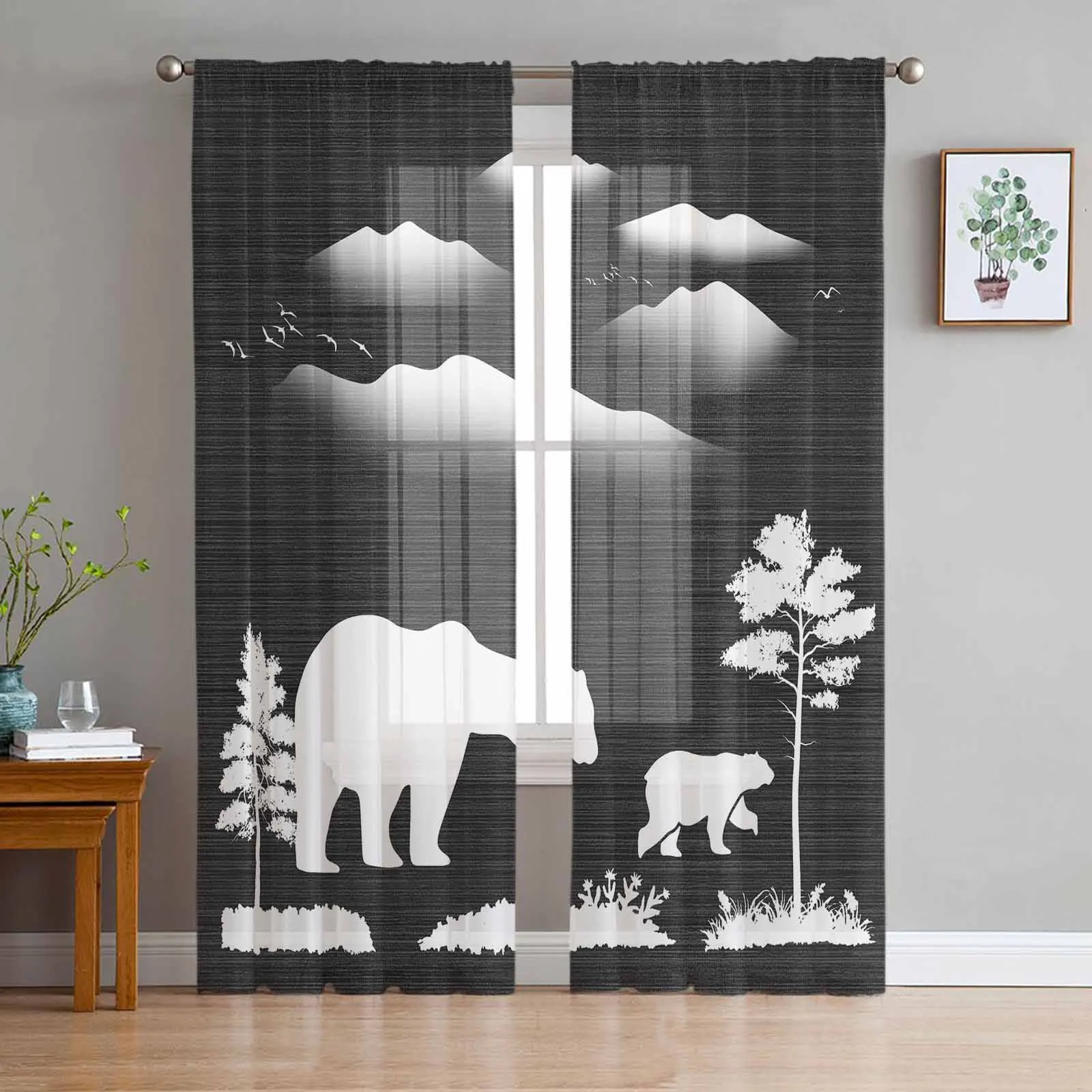 Bear Forest Silhouette Bird Animal Natural Black Tulle Sheer Curtain Living Room Bedroom Drapes Kitchen Voile Organza Curtains