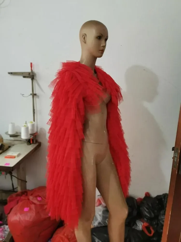 Strój piosenkarza Żółty czerwony szal Bar Party Kostium sceniczny Seksowna kobieta Gogo Dance Mesh Rękaw na ramię Ubrania dla piosenkarza