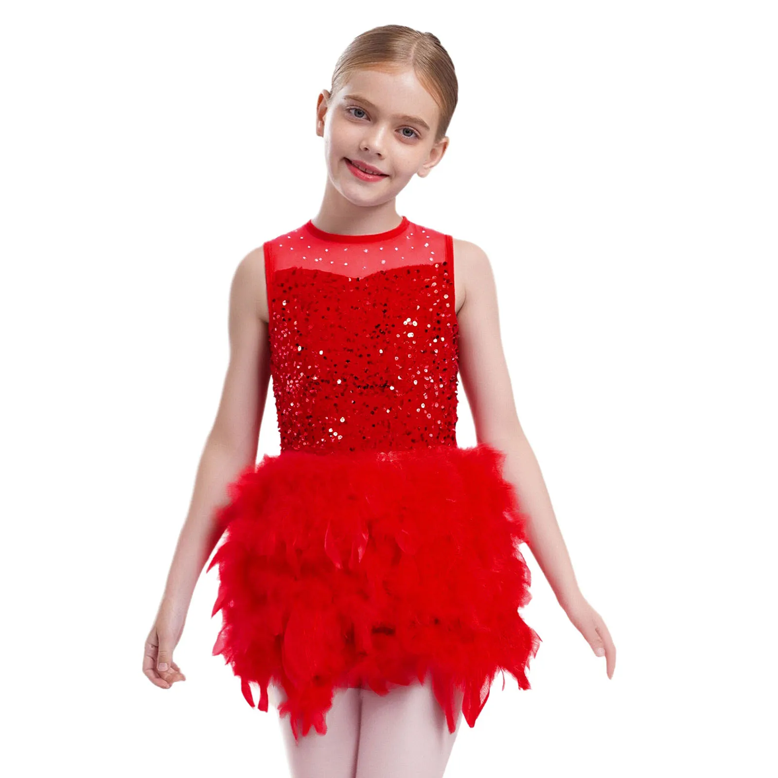 Kids Girls Feather Velvet Dance Dress Sleeveless Back Invisible Sheer Mesh Patchwork Shiny Sequins Dress with Built-in Briefs