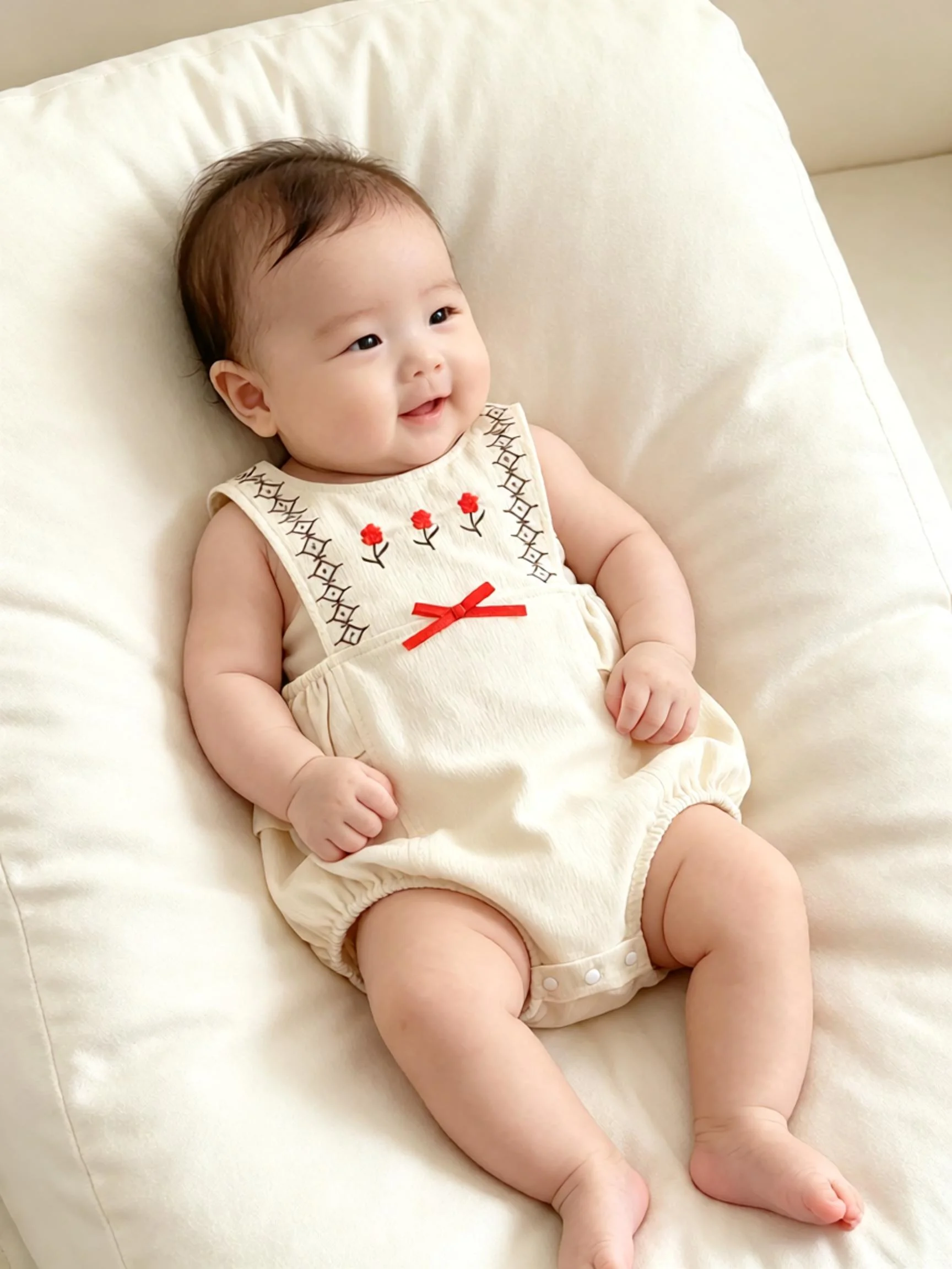Baby Girl Summer Sleeveless Bodysuit 1-Piece Woven Fabric with Small Floral Embroidery And 3D Bow Decor Strap Romper