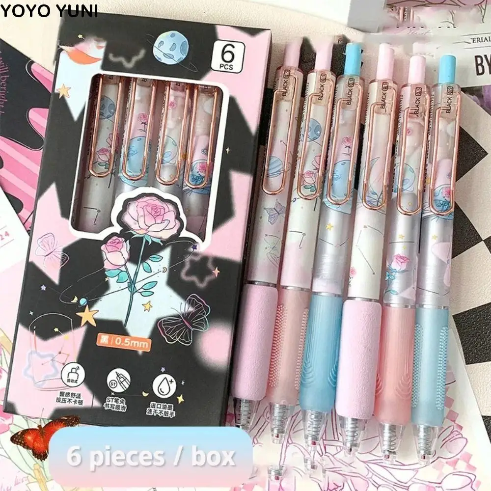

6PCS Boxed Kawaii Cute Press Gel Pen Butterfly Series Pretty Aesthetic 0.5mm Writing Pen ST Nib Good Looking Black Ink Pen Gift