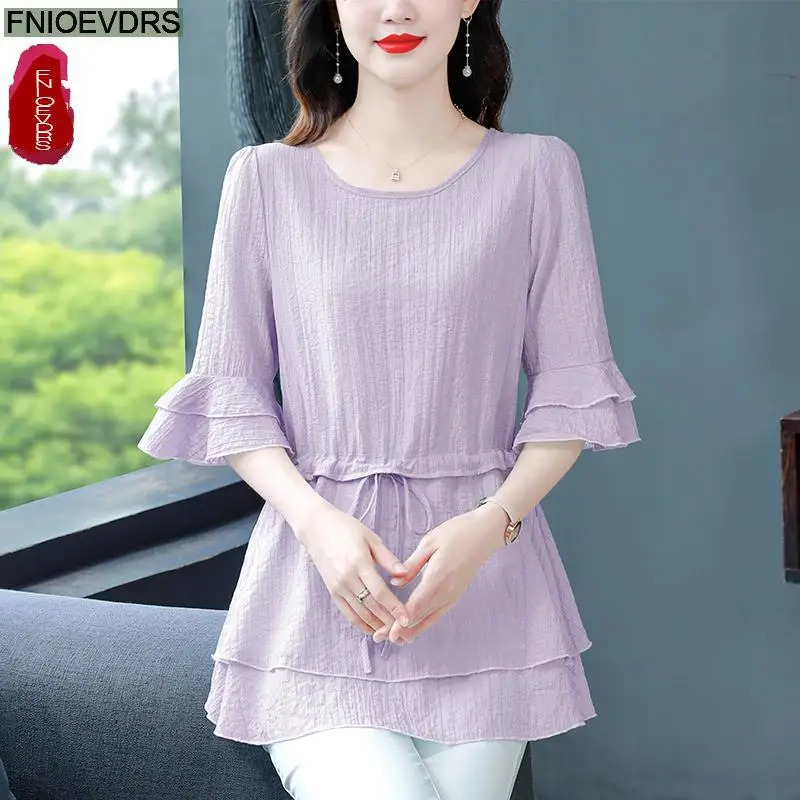 S-4XL 2023 Women Summer Short Sleeve Elegant Office Lady Work Shirt Casual Slim Drawstring Waist Tunic Peplum Tops And Blouses