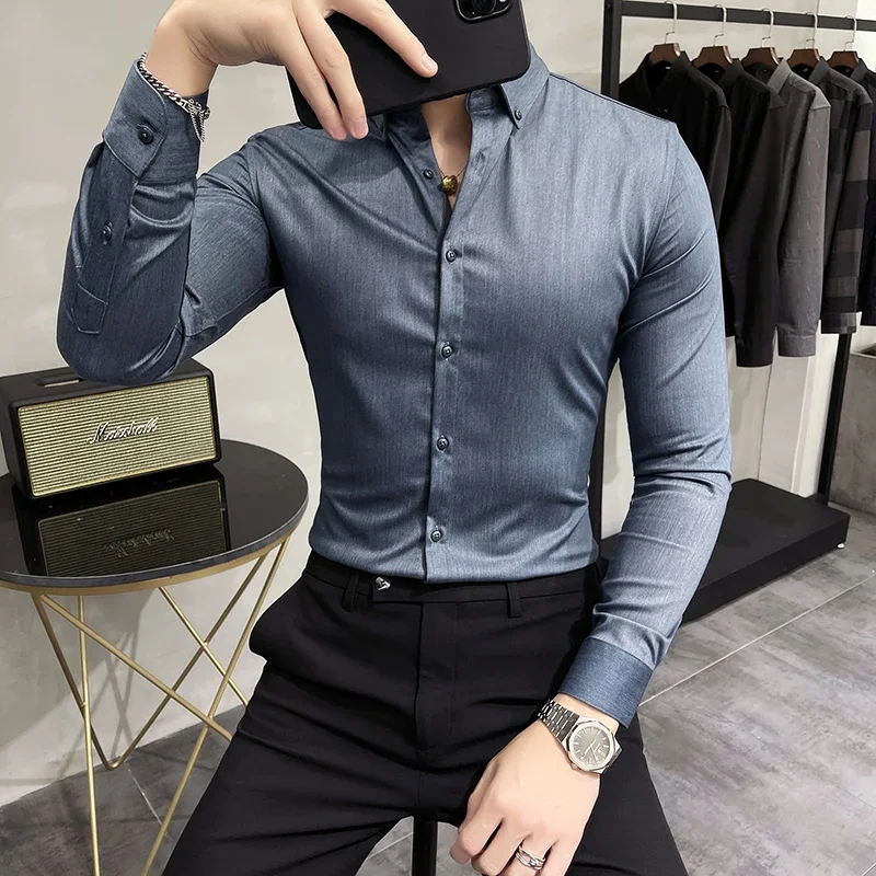 

Vintage Luxury Solid Formal Slim Fit Shirts 2022 Autumn Men Long Sleeve Business Casual Shirt Formal Social Club Party Shirt