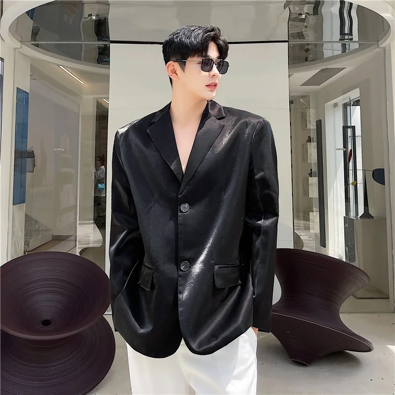 

Модный мужской атласный пиджак в стиле ретро, модное пальто в корейском стиле, свободный крой, с длинными рукавами, повседневная одежда, осенний сезон