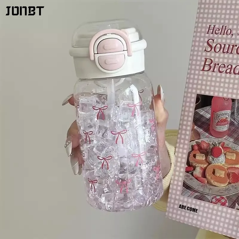 

Cute Bow Water Bottle For Girls With Straw Portable Pop-Up Cover Plastic Water Cup Kids Outdoor Leak-Proof Drinking Bottle 600ML