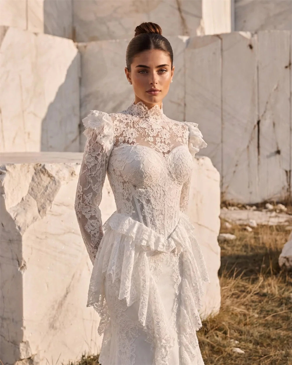 High Neck Long Sleeve Lace Mermaid Wedding Ruffled Tiered Bridal Gown For Women Evening Dress فستان زفاف دانتيل بأكمام طويلة
