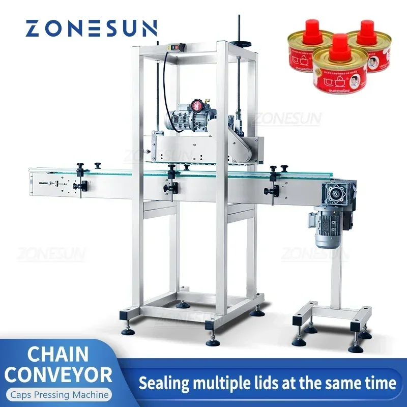 

ZONESUN ZS-XG21 Automatic Cap Pressing Machine Conveyor Chain Capping Food Cosmetics Fuel Can Wine Cork Jar Bottle Packaging
