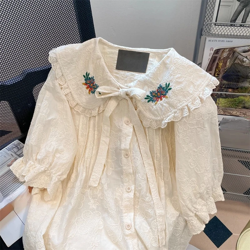 French Vintage Shirts Small Fragrance Peter Pan Collar Puff Sleeve Blouses Ruffles Lace Up Flower Embroidery Sweet Women Tops