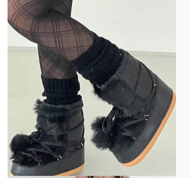 Fashion Fur Warm Round Toe Snow Boots Design Lace up Lady High Heel Ankle Woolen Boots Dress Women Winter Shoes 2024