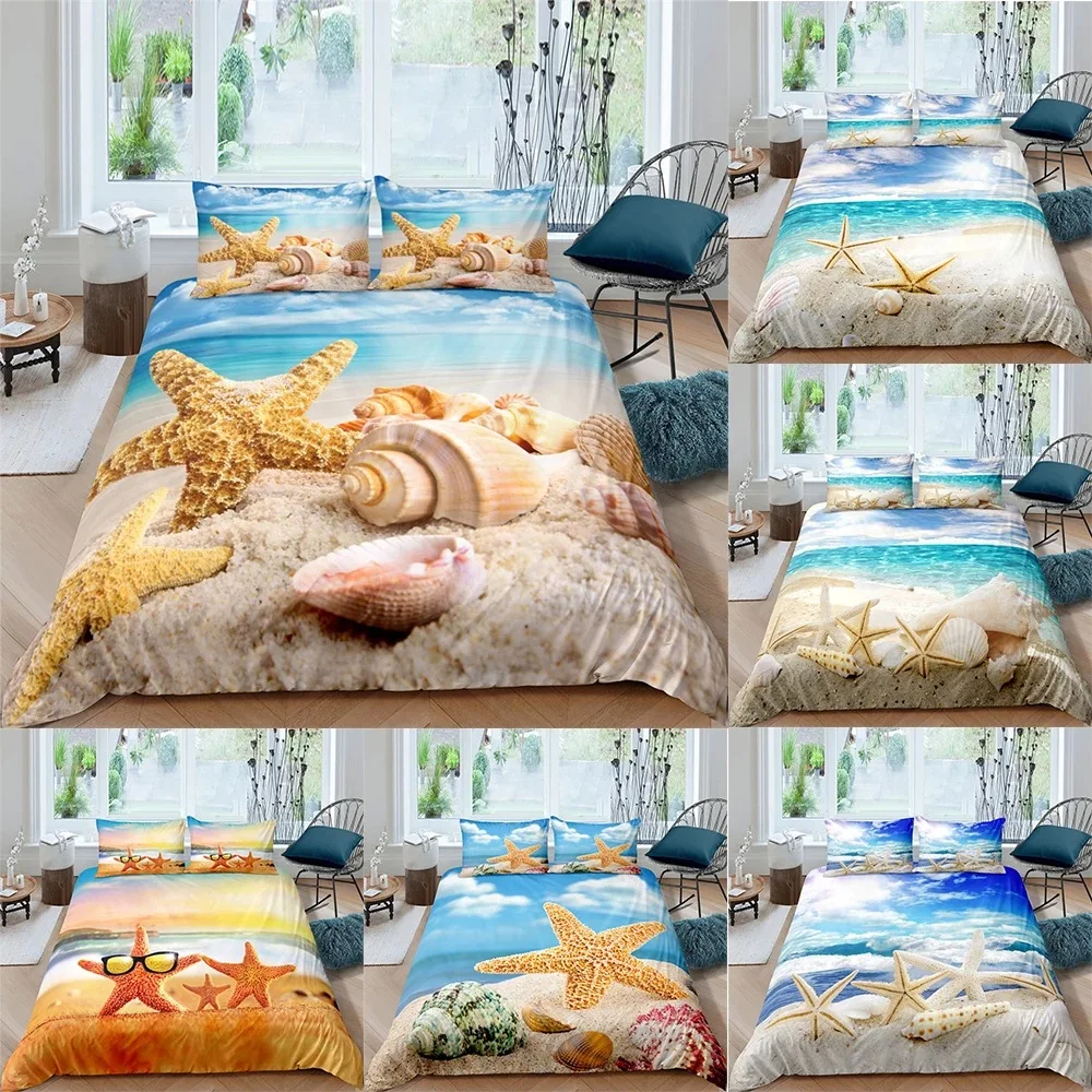

Hawaii Tropical Landscape Starfish Duvet Cover Set. Features beach conch prints, perfect for kids and teens