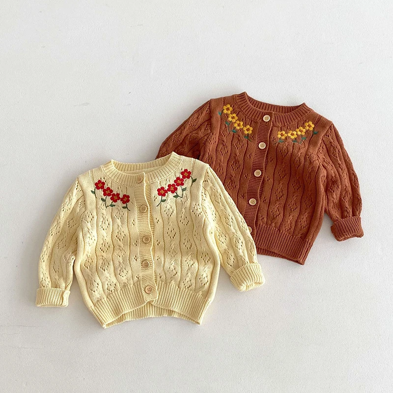 جديد الخريف متماسكة سترة سترة طفل الفتيات طويلة الأكمام الحلو التطريز زهرة متماسكة البلوزات الأطفال بالأزرار سترة معطف #2