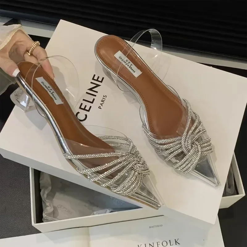 Comemore-Sandalias de tacón bajo con punta estrecha para mujer, zapatos de vestir plateados, transparentes, elegantes y sencillos, 2024