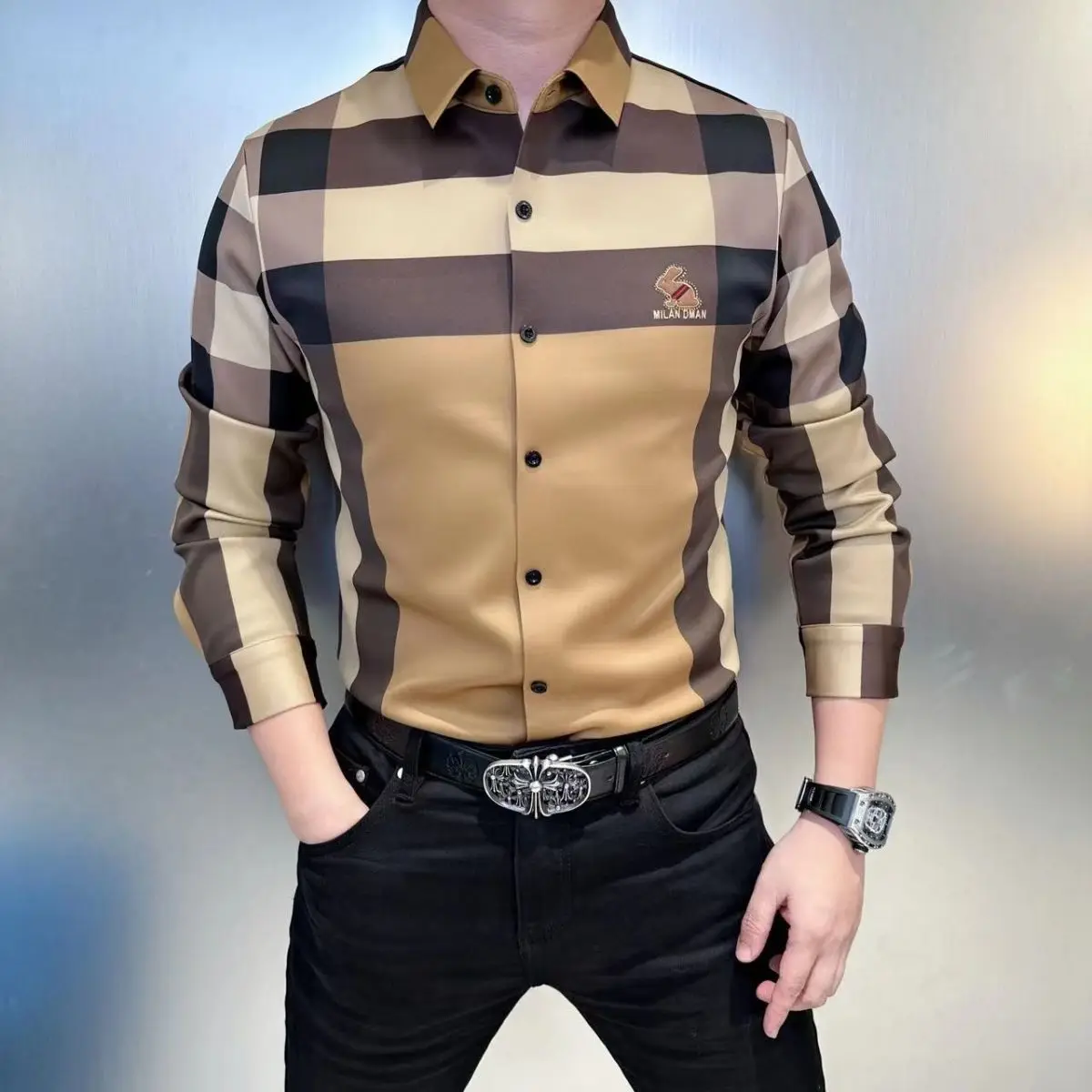 2023 Straight Men\'s Clothing Handsome Printing Striped Casual Shirts Fashion Turn-down Collar Long Sleeve Temperament Tops Men