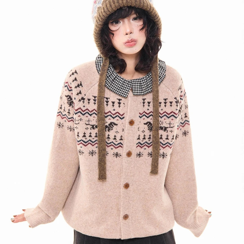 

Осень-зима, новый вязаный женский свитер с животным принтом, пальто, американский ретро-дизайн, свободная пара, универсальный кардиган, пальто для женщин