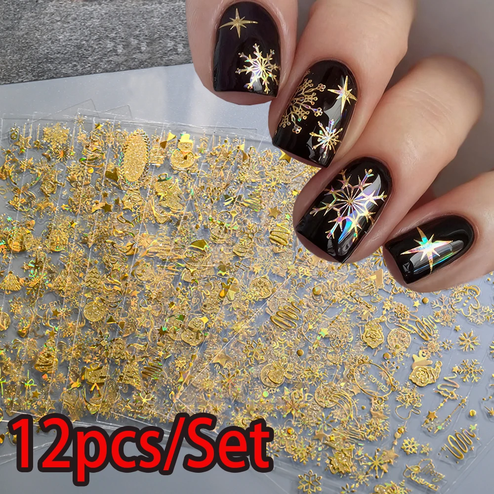 สติกเกอร์เล็บลายเลเซอร์สีทอง 12 ชิ้น/ชุด ลายคริสต์มาส 3 มิติ สติกเกอร์เล็บลายเลเซอร์สีเงิน ลายเกล็ดหิมะ กวางเรนเดียร์ ระฆัง สำหรับตกแต่งเล็บ DIY ลายคริสต์มาส ﻿