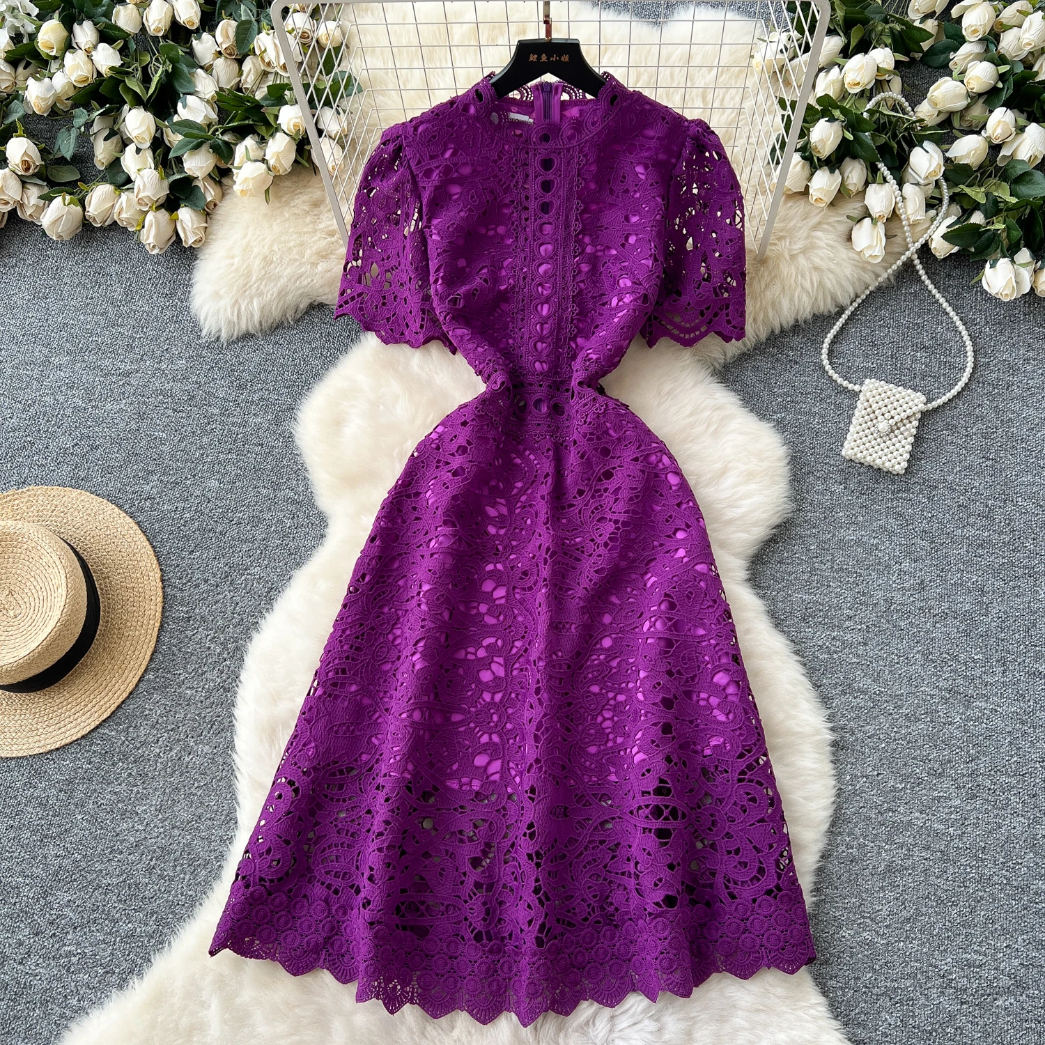 Elegante Damen Hohl Häkelspitze Kleider Frauen Französisch Vintage Kurzarm Schlank Solide Midi Kleid 2025, Sommer Frauen Kleidung