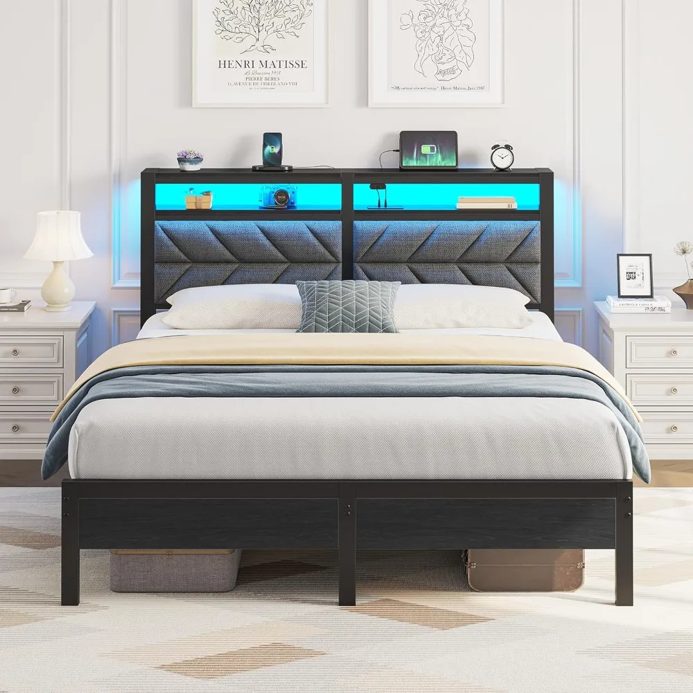 

LED Bed Frame Twin Size with Charging Station, Upholstered Headboard for Bedroom Furniture, Noise Free, Easy Assembly,Beds Frame