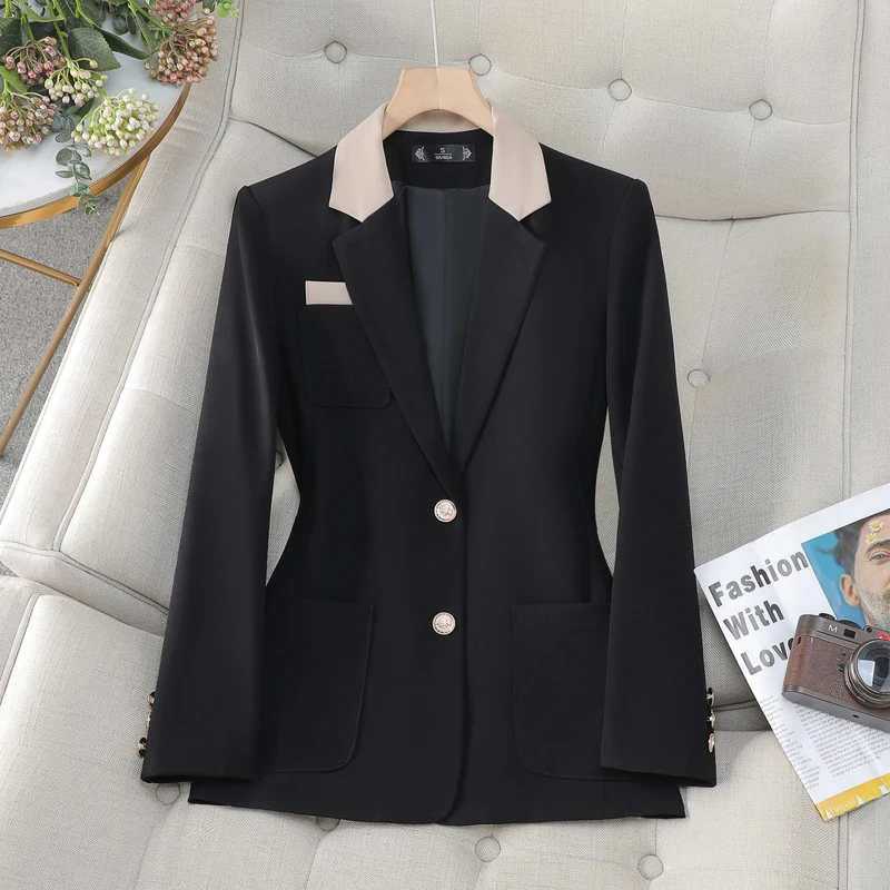 Contrast Color Blazers Women 2024 Office Ladies Turn Down Collar Single Button Jacket Casual New Fashion Slim Coats Y2K