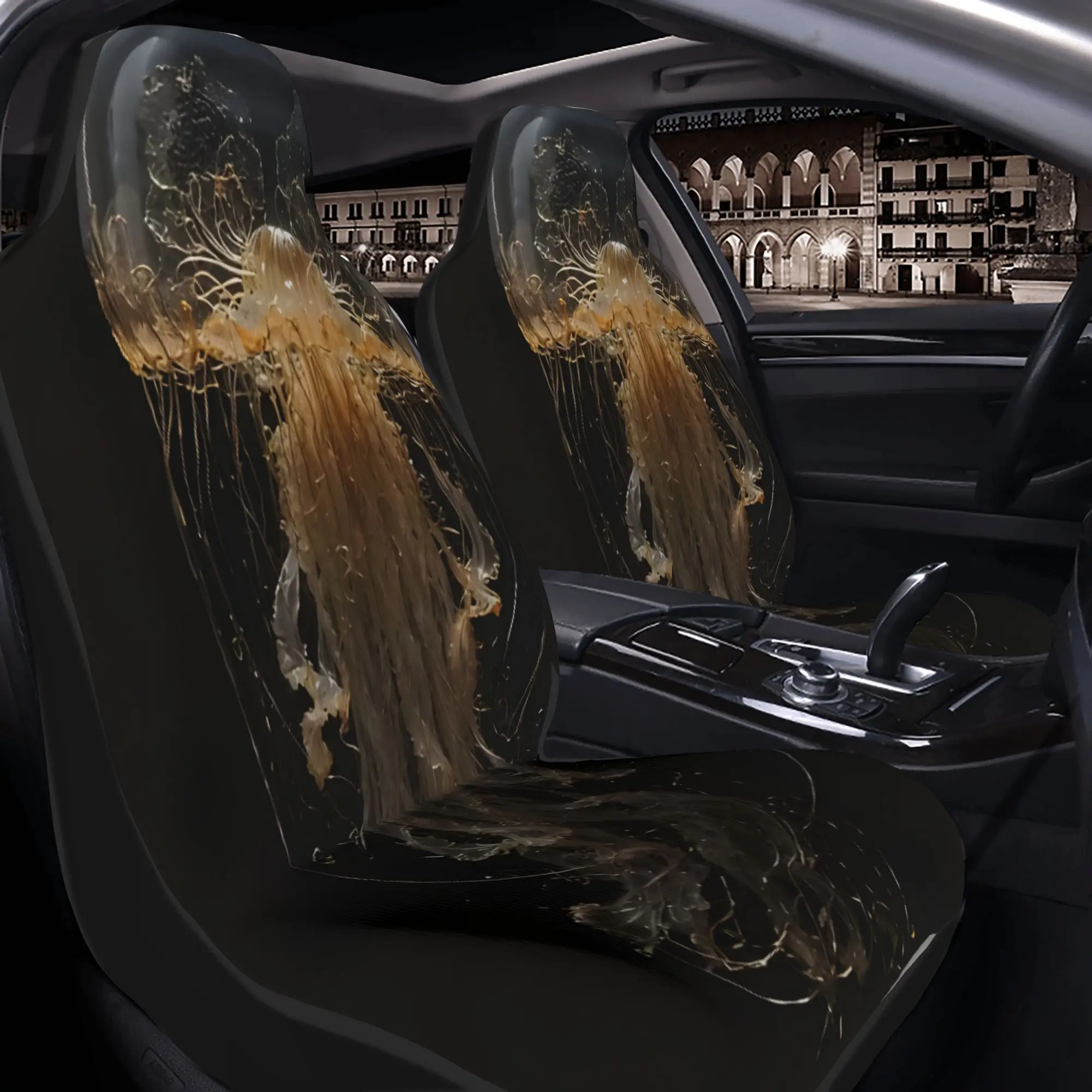 2pcs Transparent Jellyfish With Golden Tentacles Floating In Dark Ocean DepthsCar Seat Covers, Suitable For All Vehicles, Christ