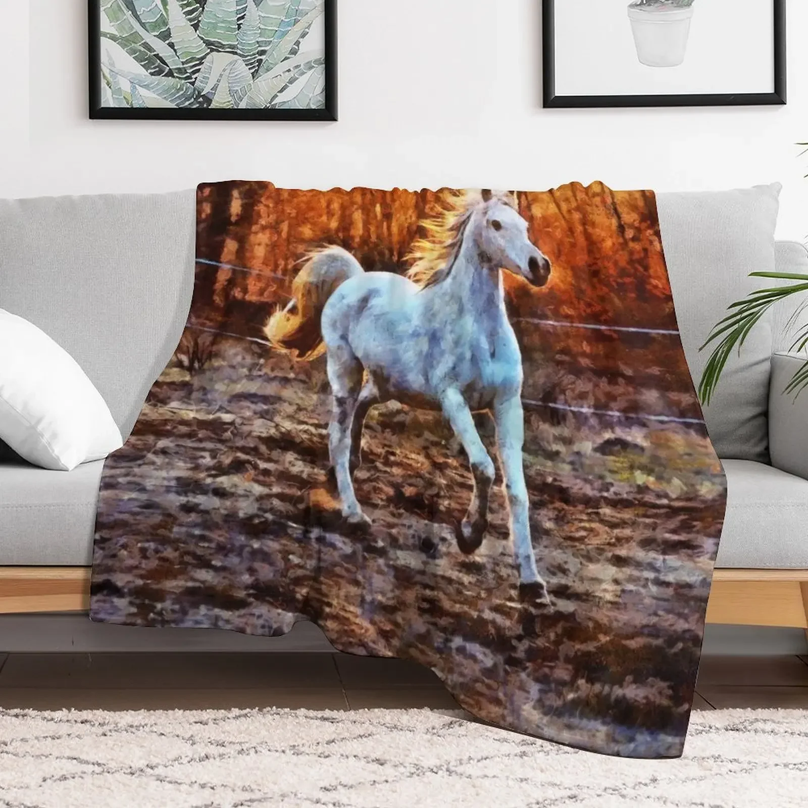 A White Horse Galloping With The Sun Setting Behind The Trees Digital Painting Throw Blanket Heavy Soft Blankets