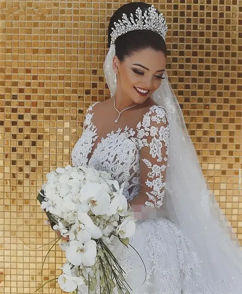 

Customized Vestido De Noiva Arabic Lace Wedding Dress Long Sleeves Sheer Scoop Appliques Pearls Sequined Bridal Gowns