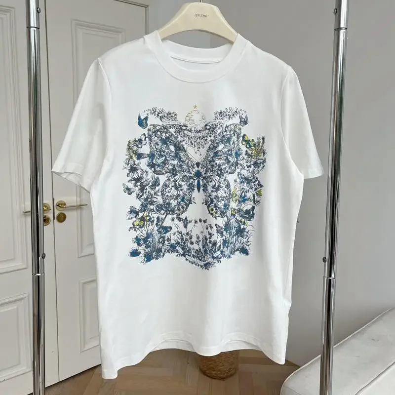 Korean Elegant Floral Butterfly Printing T-shirt Pure Cotton Summer Short Sleeve Tops Loose High Street Ladies Sweet Tees Basic