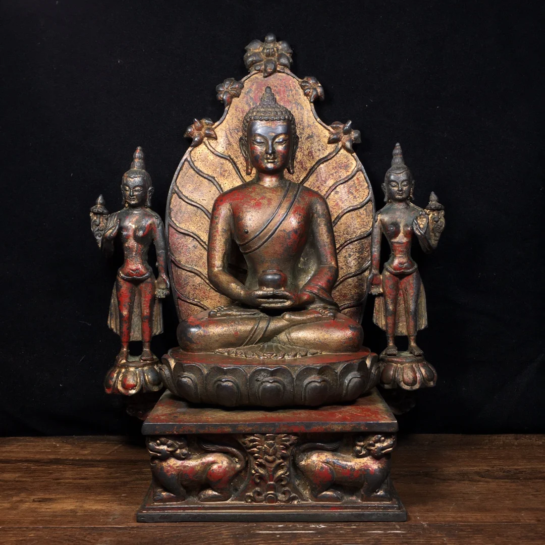 

12"Tibetan Temple Collection Old Bronze Cinnabar Mud gold Northern Wei Buddha Great Sun Tathagata Worship Hall Town house