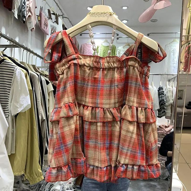 Bandage Design Camisole Women Vintage Plaid Chic All-match Backless Sweet Spicy Girls Summer Harajuku Attractive Exquisite Tops