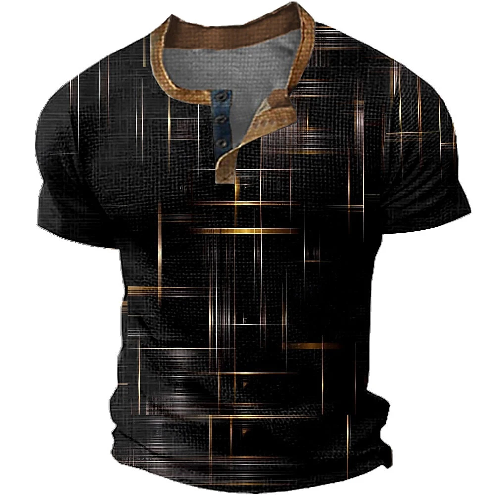 Sommer Henley-Shirts Abstrakter 3D-Druck Streetwear Herren Lässiges Oversize Kurzarm-T-Shirt mit Knopfleiste Oberteile Männerkleidung – Detail 2