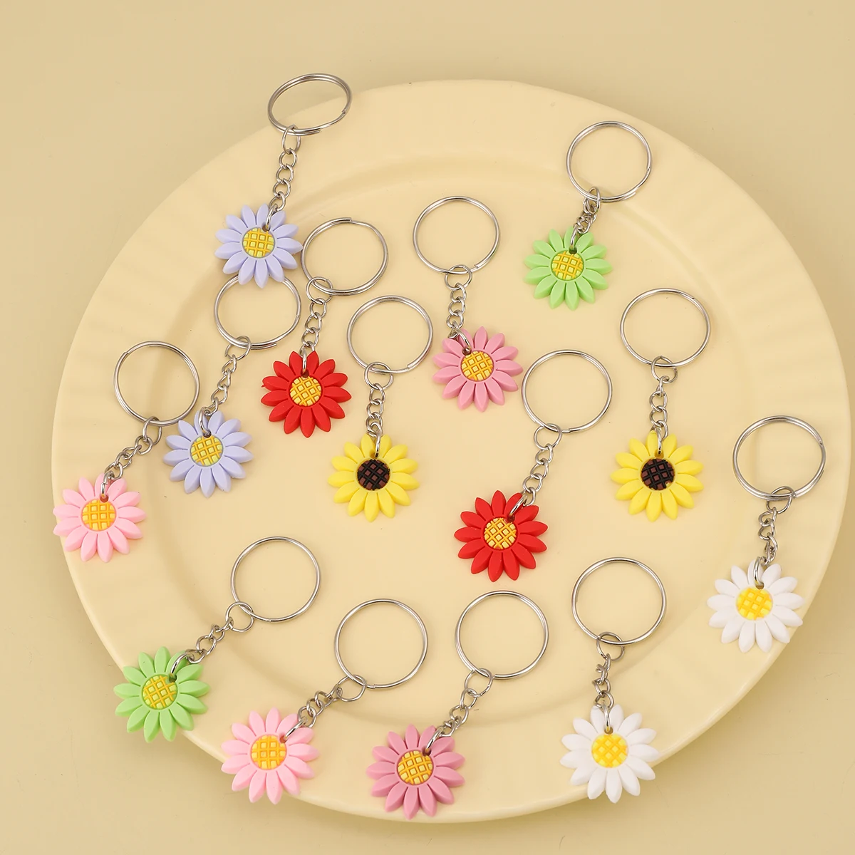 14pcs PVC Sun Flower Keychain Fashion Cute Cartoon Colorful Flowers Key Chain Keyring Ornament Bag Purse Charm Accessories