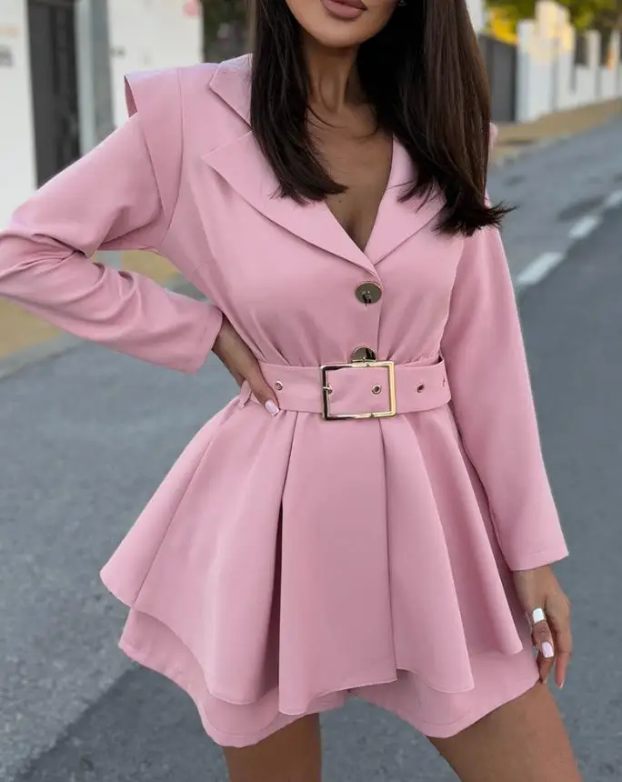 

Jumpsuit Women 2025 Spring Notched Collar Paded Shoulder Long Sleeve Romper Elegant Temperament Belted Blazer Romper