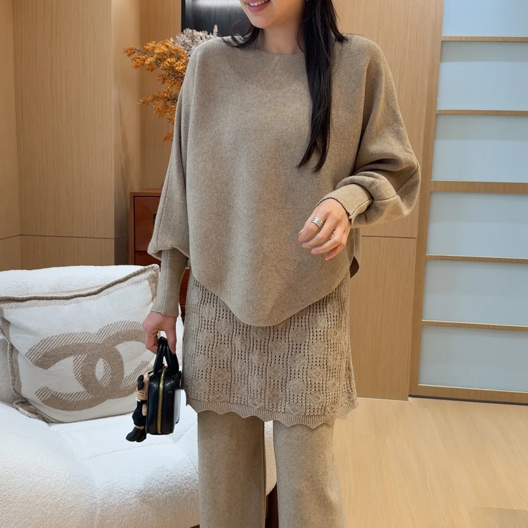 

Soft Lazy Knitted Sweater Hollow out Trousers Casual Set Women's Fashion High Waist Loose Fit Long Sleeve round Neck Zipper