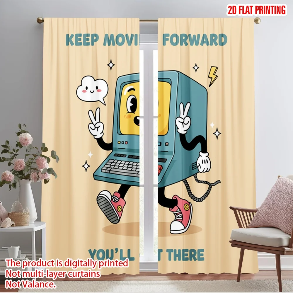 

2pcs 2D flat printing Drapes Retro Computer Keep Moving Forward Motivational Polyester Fabric Without Electricity Festive Wall