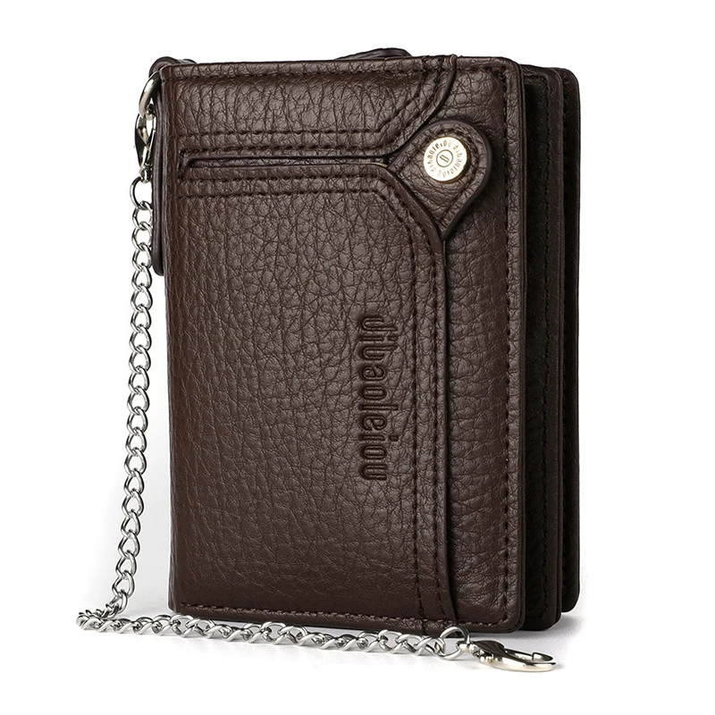 Men PU Leather Short Wallet With Chain Zipper Clutch Wallet Male Short Trifold Purse Card Holder Change Coin Purse