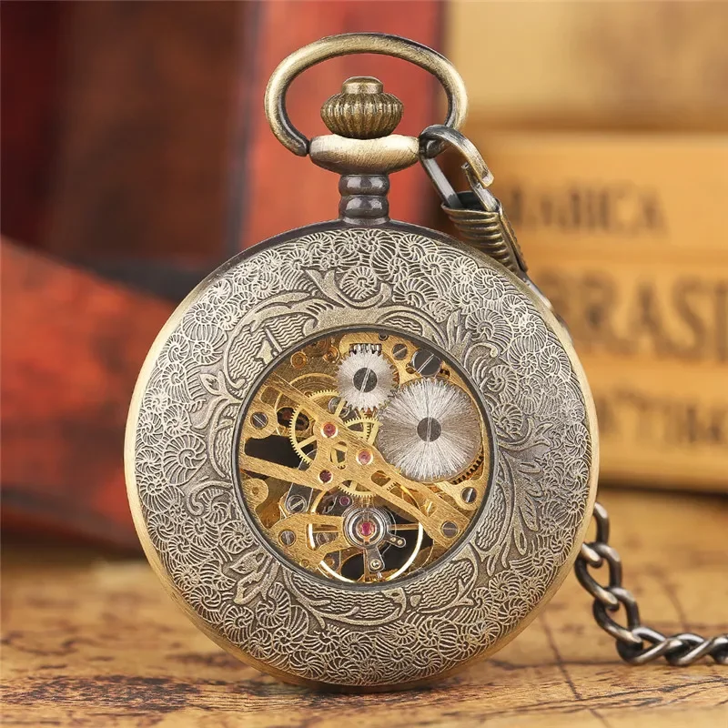 Bronze Green Crystal Flowers Men Women Hand Winding Mechanical Pocket Watch Skeleton Pendant Chain Clock Timepiece Gift