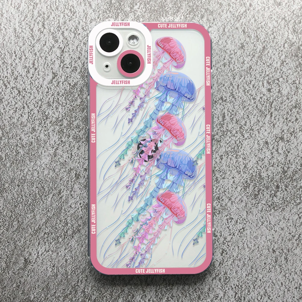 Cute Jellyfish Phone Case For iPhone 15 14 13 12 11 Pro Max Mini 15Plus X XS XR 7 8 Plus Transparent Angel Eyes Back Cover Bags