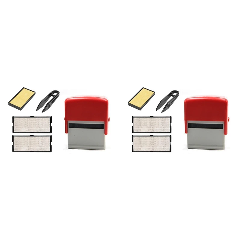 2X Self Inking Stamp Set Custom Personalised DIY Business Name Number Address Printing Rubber Stamp With Tweezers Red