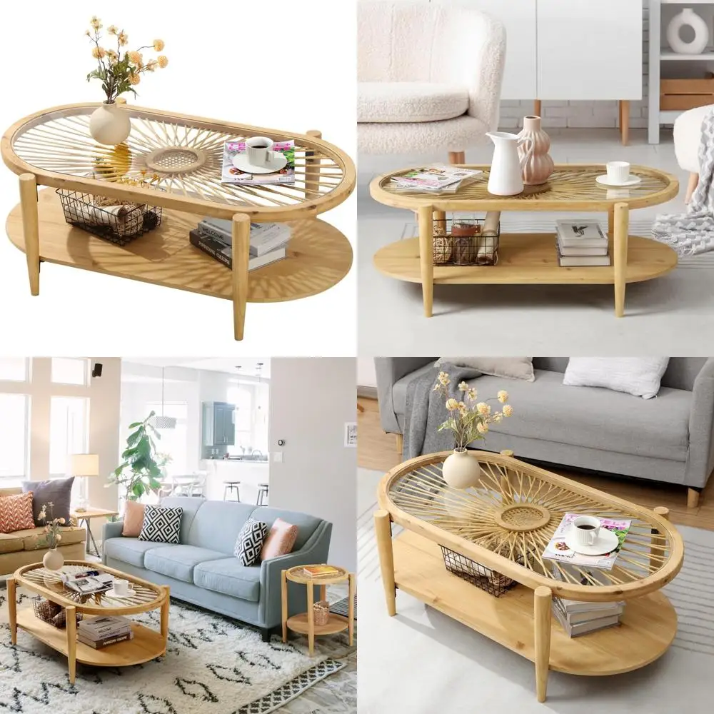 

Mid Century Modern 2-Tier Oval Rattan and Tempered Glass Coffee Table, Bohemian Style Living Room Furniture