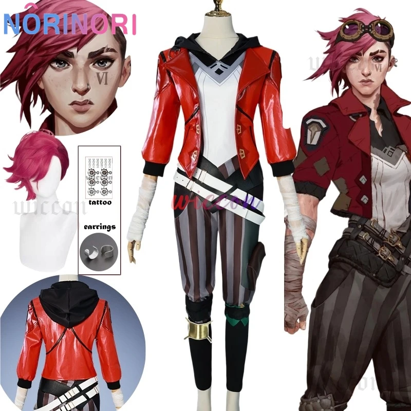 Game LOL Arcane Vi Cosplay Costume Piltover Enforcer Outfit Vi Uniform Red Wig Suit Halloween Carnival Role Play Props Woman