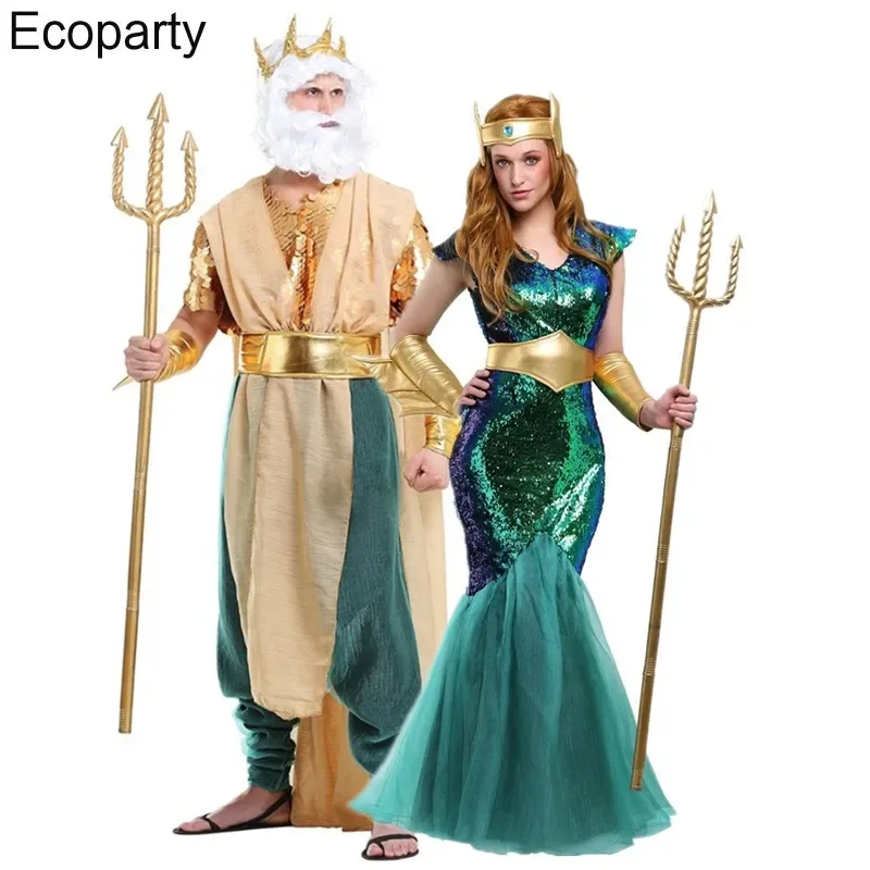 

Sexy Deluxe Couple Women Men Neptune Poseidon Mermaid Princess Dress Cosplay Costume Party Beach Swimming Wear Mermaid Dress 30