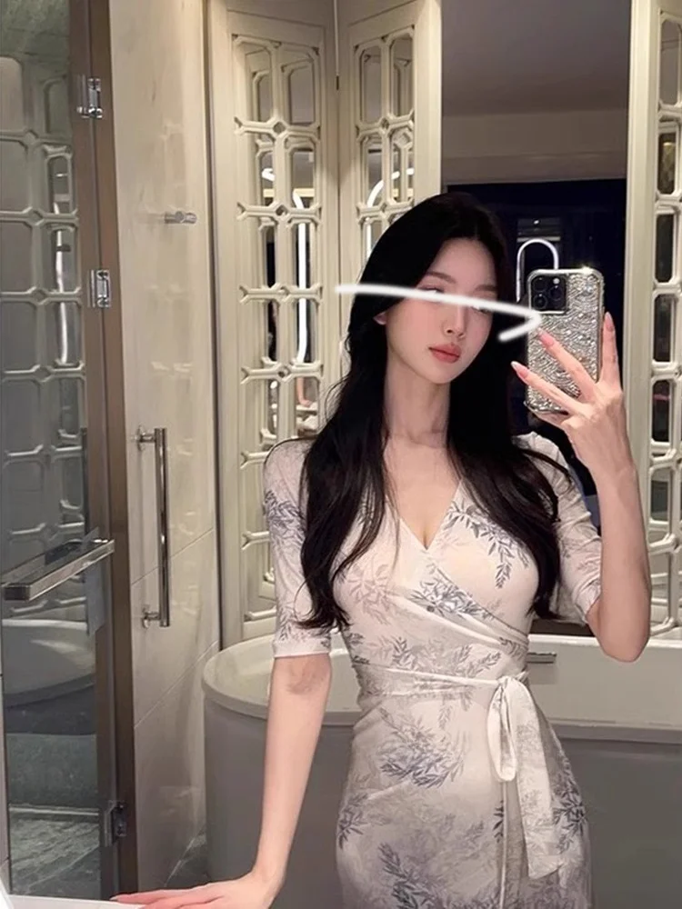 

New Chinese Sle V-ne Floral Print Maxi Dr Waist-cinching One-piece Summer Vaion High-end Feeling Women's Dr