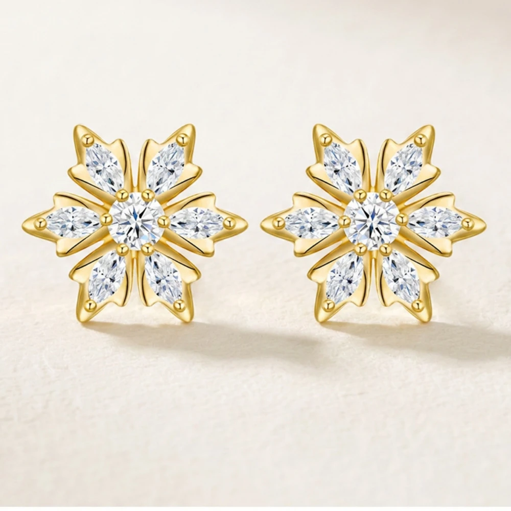 S925 Silver Snowflake Moissanite Stud Earrings For Women D Color VVS1 Marquise Cut Flower 18K Gold Plated Bridal Jewelry Gift