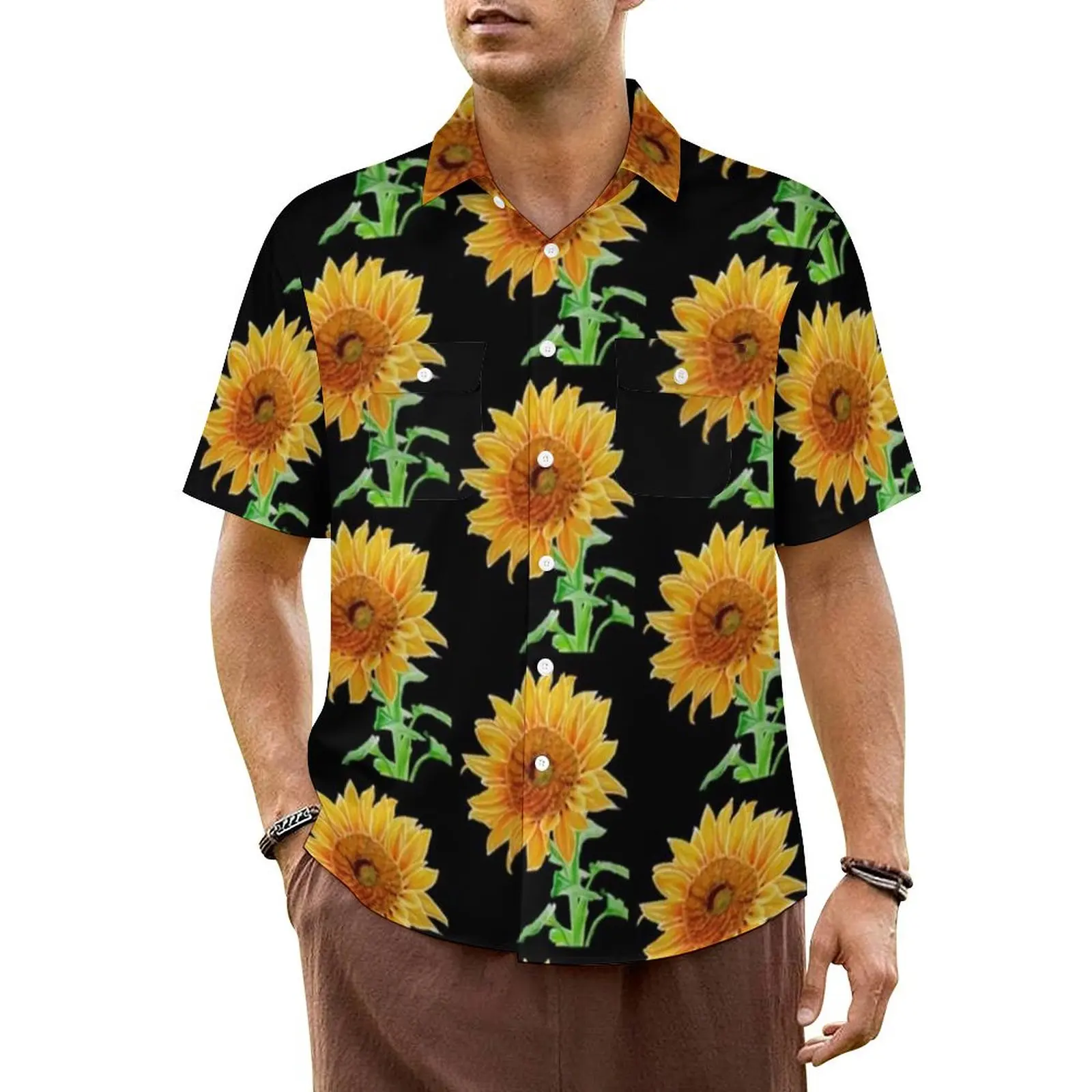 Watercolor Sunflower Beach Shirt Sunflowers Pop Art Summer Casual Shirts Men Novelty Blouses Short Sleeve Breathable Design Tops